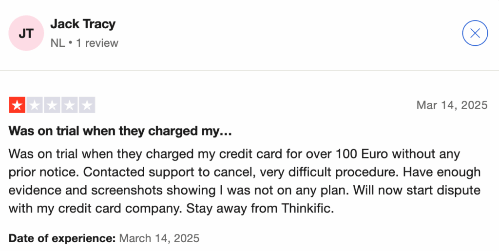 Screenshot of TrustPilot 1 star review of Thinkific